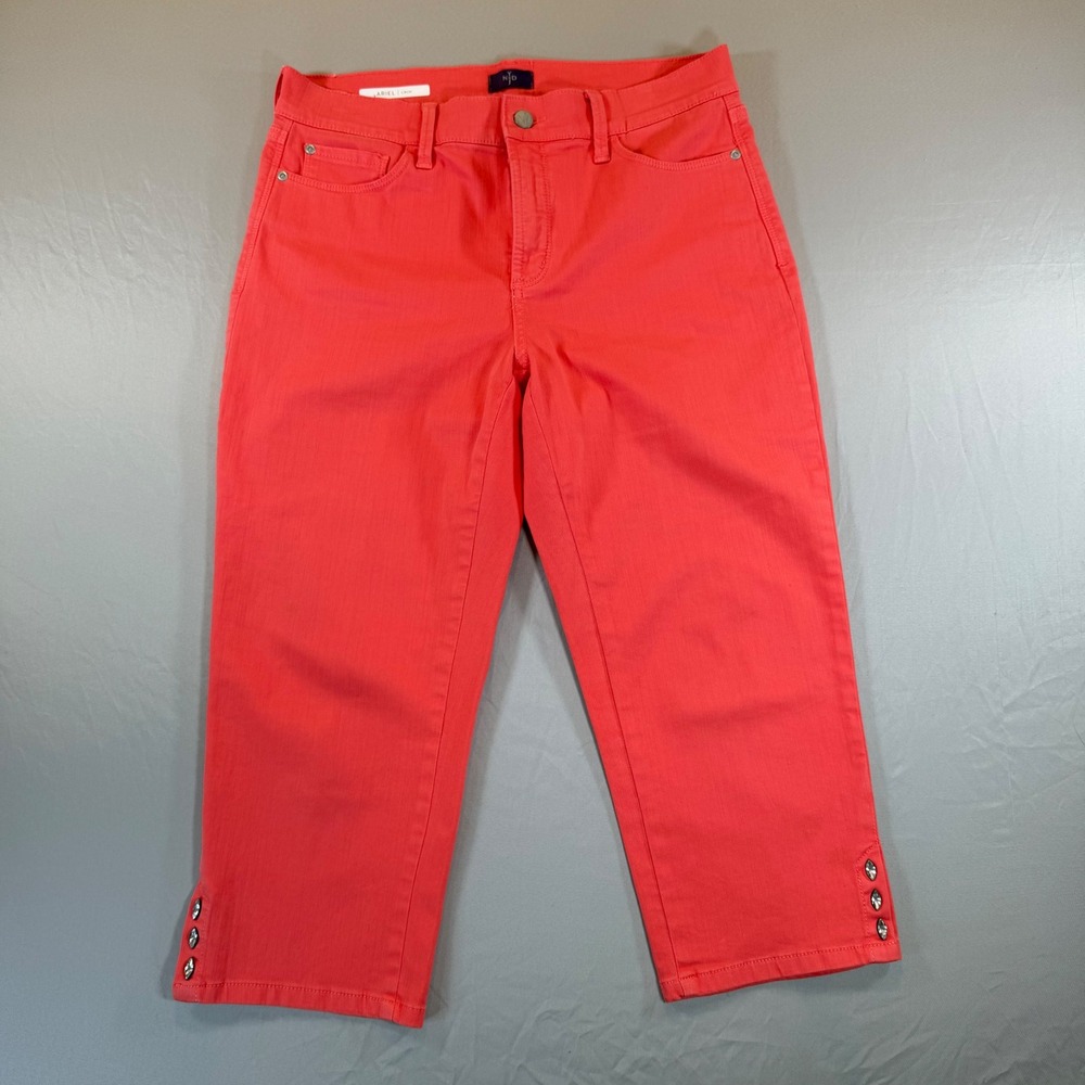 NYDJ Ariel Crop‎ Pants Coral Pink Rhinestone Hem Lift Tuck Size 10